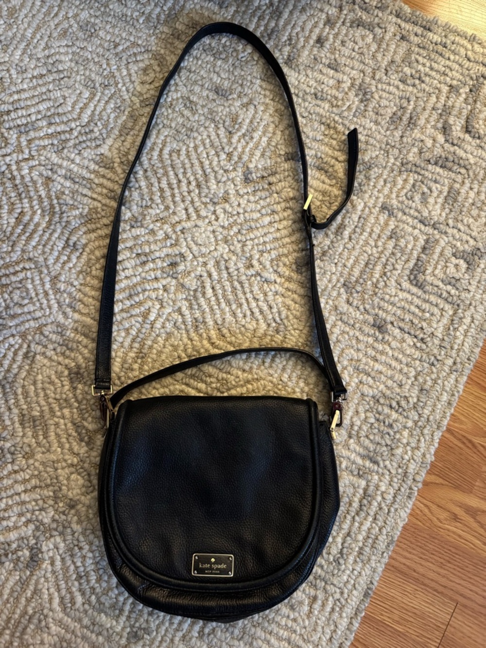kate spade Black Pebbled Leather Saddle Crossbody with Gold Hardware